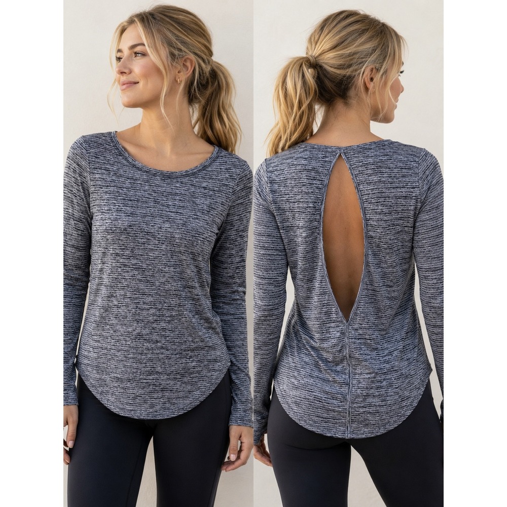 Athleta Essence Open Back Top Blue Space Dye Long Sleeve Cutout XS 623389-02